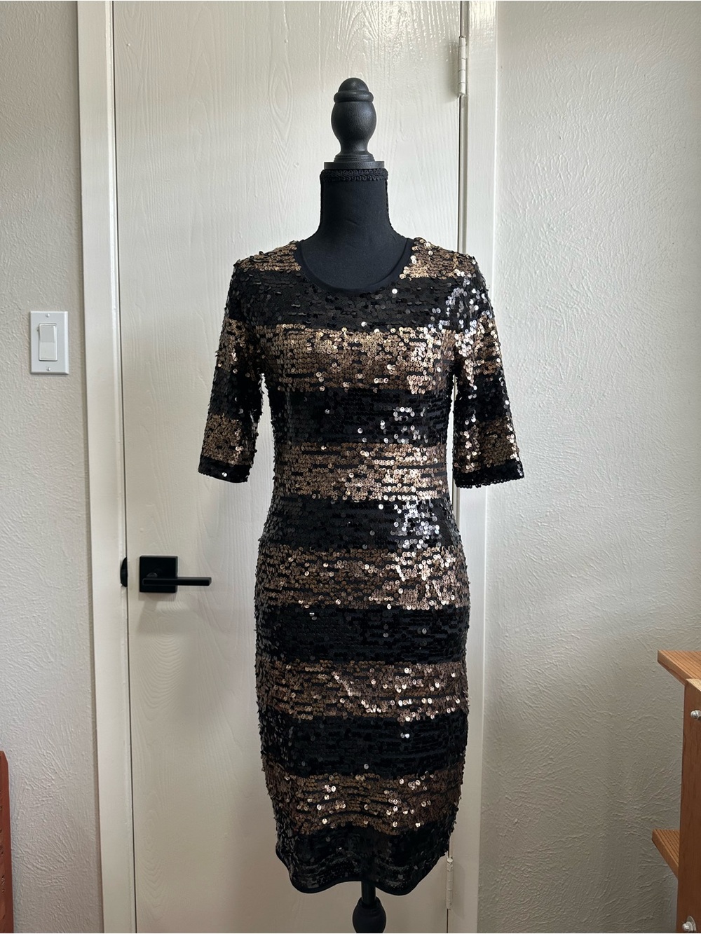 BCBGMaxAzria Black and Gold Sequin Midi Dress